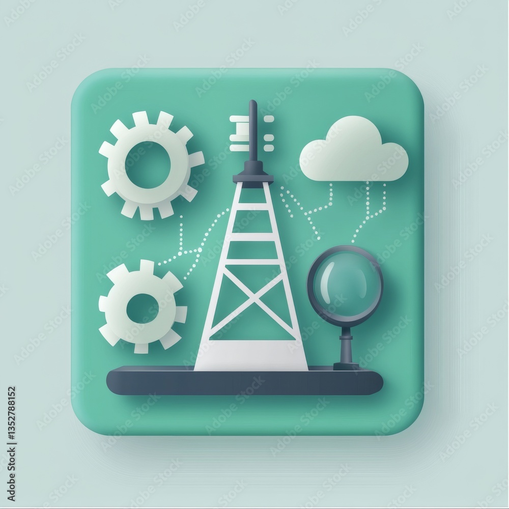 Aufkleber Cloud Data Analysis: Tower, Gears, Magnifying Glass for Network Processing and Research on Digital Information