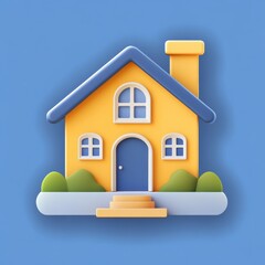 Fototapeta premium Cute Cartoon House with Blue Roof and Yellow Walls on a Blue Background, with Green Bushes and Staircase