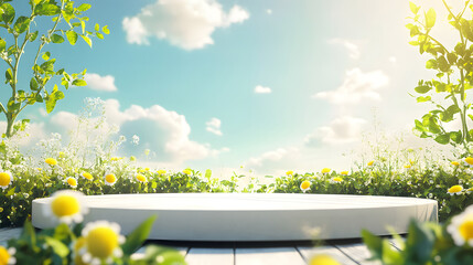 Springtime product display platform surrounded by wildflowers against a bright sky. White circular stage amidst daisies and greenery