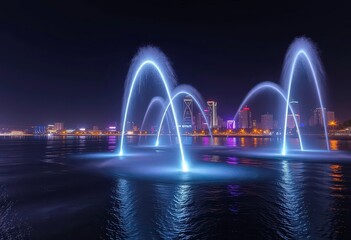 Water arcs illuminate the night, reflecting city lights, dark,  water feature