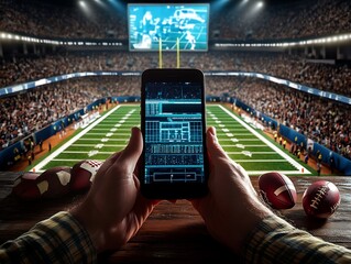 A person holds a smart phone at an exciting football game