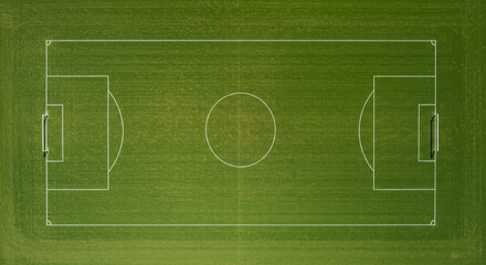 Aerial View of Soccer Field Green Grass Background - Overhead shot of a soccer field, symbolizing sport, competition, teamwork, strategy, and victory. Green grass texture
