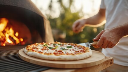A backyard pizza oven in action flames glowing with delicious homemade pizza baking outdoor cooking experience warm ambiance culinary delight for gatherings