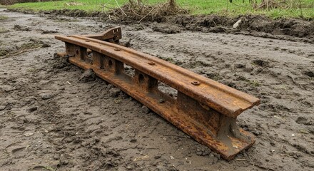 Fototapeta premium Rusty Metal Track Section in Mud - A rusty metal track section lies in muddy terrain, symbolizing age, decay, abandonment, industry, and resilience