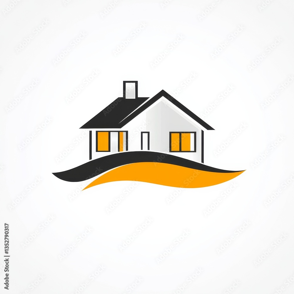 Poster modern house logo design with abstract ground element in shades of black and gold, simple and elegan