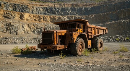 Obraz premium Rusty Relic in a Quarry - Abandoned rusty mining dump truck sits in a quarry, surrounded by rocks and earth. A scene of industrial decay