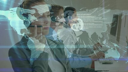 Customer service team working with global network map overlay animation - Powered by Adobe