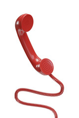 Red telephone tube with wire isolated on white background. 3d illustration.