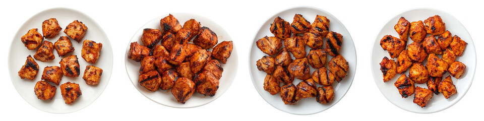 Four plates of savory grilled chicken bites with appetizing spices, cooked to perfection, creating a delightful meal idea.