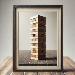 Photograph of a table with a jenga game on it. White background. AI generated.