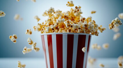 Overflowing Bucket of Popcorn in Motion with Stripes for Cinema Snack