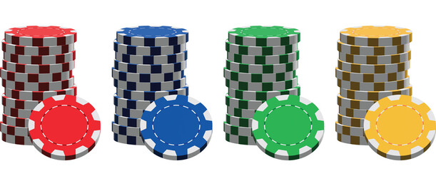 Isolated casino chip stacks in different colors