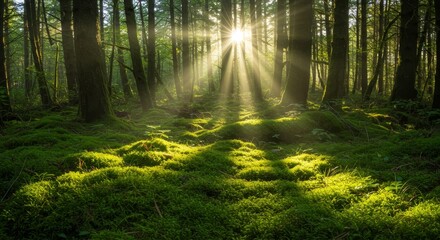 Obraz premium Sunbeams Through Mossy Forest - Serene forest scene, sun rays filtering through trees, illuminating lush moss carpet. Symbolizes peace, nature's beauty, tranquility, renewal, and spiritual connection