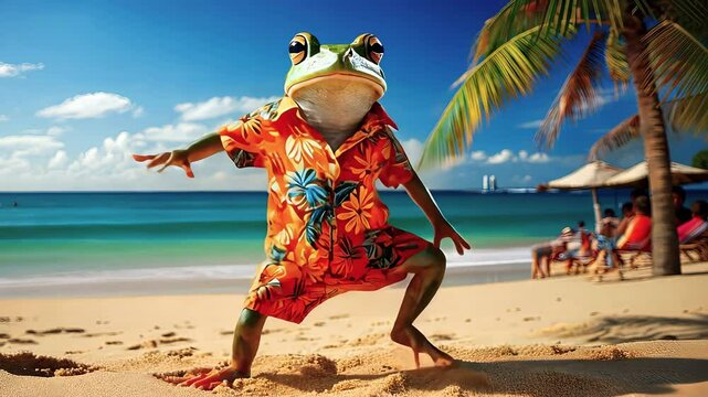 Vacation and summer concept. Frog dancing on the beach with sea waves in the background. Vacation and relaxation concept.