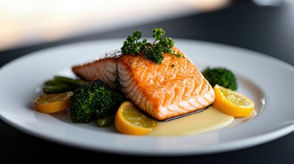 A beautifully plated farm-fresh salmon dish serve  with vibrant broccoli and garnishes on a rustic table