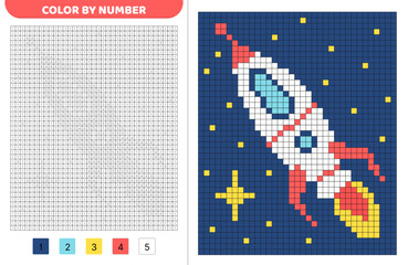 Color pixel by number. Rocket. Pixel coloring book. Numbered squares. Game for kids. Pixel art. Isolated vector illustration eps 10