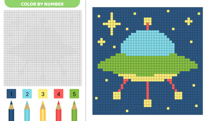 Color pixel by number. Flying saucer in space. Pixel coloring book. Numbered squares. Game for kids. Pixel art. Isolated vector illustration eps 10