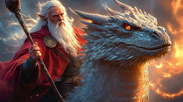 Wizard riding a majestic dragon amidst a fiery fantasy landscape
