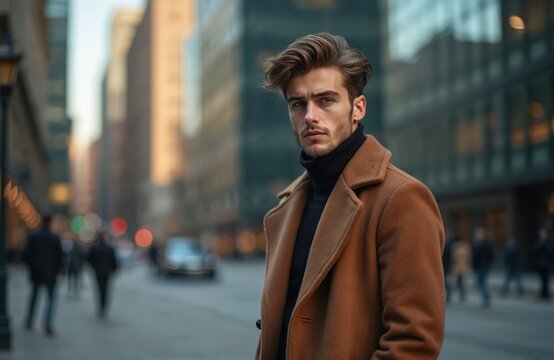Stylish, handsome man in elegant coat. Fashion portrait outdoor. Young male model with modern hairstyle in urban city street. Autumn season, lifestyle, vogue. Confident, attractive guy in expensive