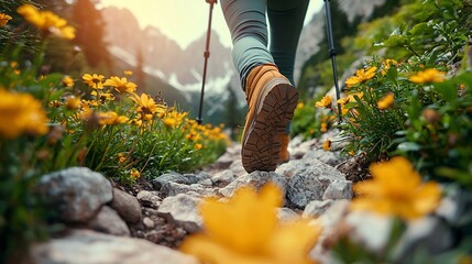 Person Hiking on Flower Trail