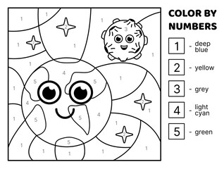 Color by number. Black and white. Earth and Moon. Coloring page. Game for kids. Isolated vector illustration eps 10

