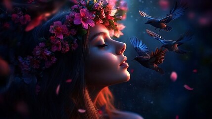 Ethereal beauty: A woman's serene profile adorned with flowers and birds