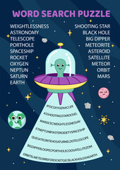 Word search game puzzle for kids. Alien in flying saucer. English words. Cartoon. Isolated vector illustration eps 10