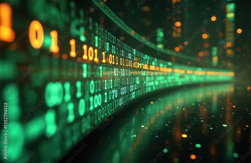 Poster futuristic digital data stream with binary code for technology innovation concepts. glowing green nu