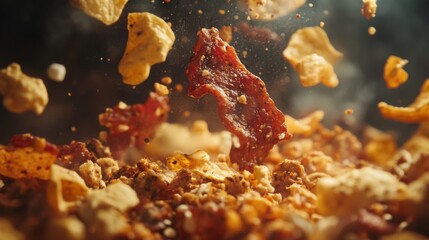 Crispy Brown and Yellow Food Pieces Flying Against Dark Background