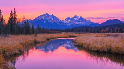 Serene sunset over tranquil river reflecting majestic mountains and vibrant sky in autumn