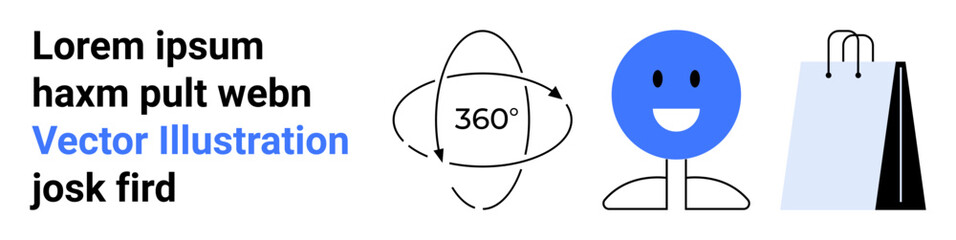 Blue smiling face with simple lines, rotating 360-degree arrow, and shopping bag, emphasizing digital interaction, marketing, retail, technology, user interfaces and e-commerce. Ideal for simple