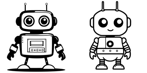 Two cheerful robot characters displayed in a playful design style, showcasing contrasting features and expressions