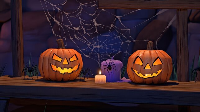 Spooky Halloween Pumpkin Decor with Candle and Cobweb Details