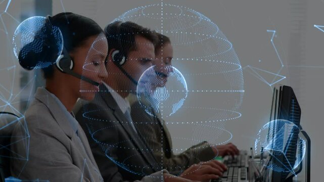Customer service team working at computers with digital globe animation overlay