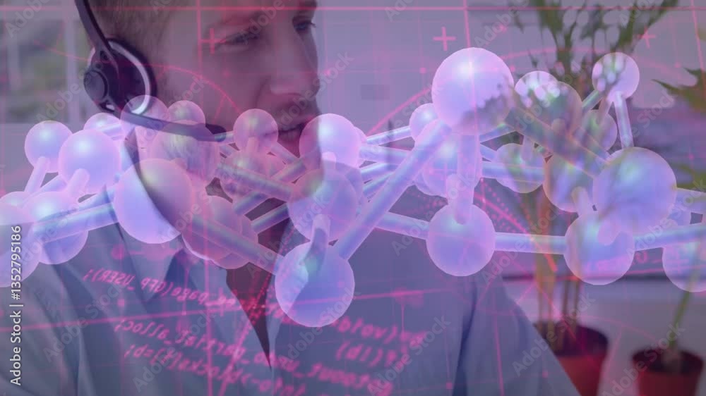 Poster man with headset working with molecular structure and data overlay animation