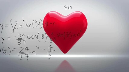 Animation of red heart floating over mathematical equations on reflective surface - Powered by Adobe