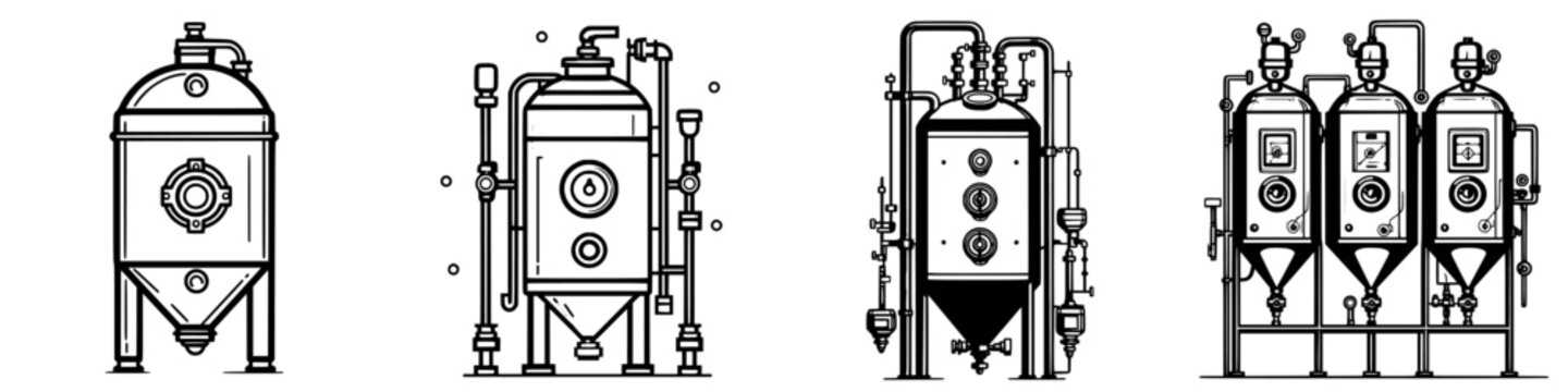 Industrial brewing equipment displayed in various styles showcasing fermentation and storage tanks in a minimalist design