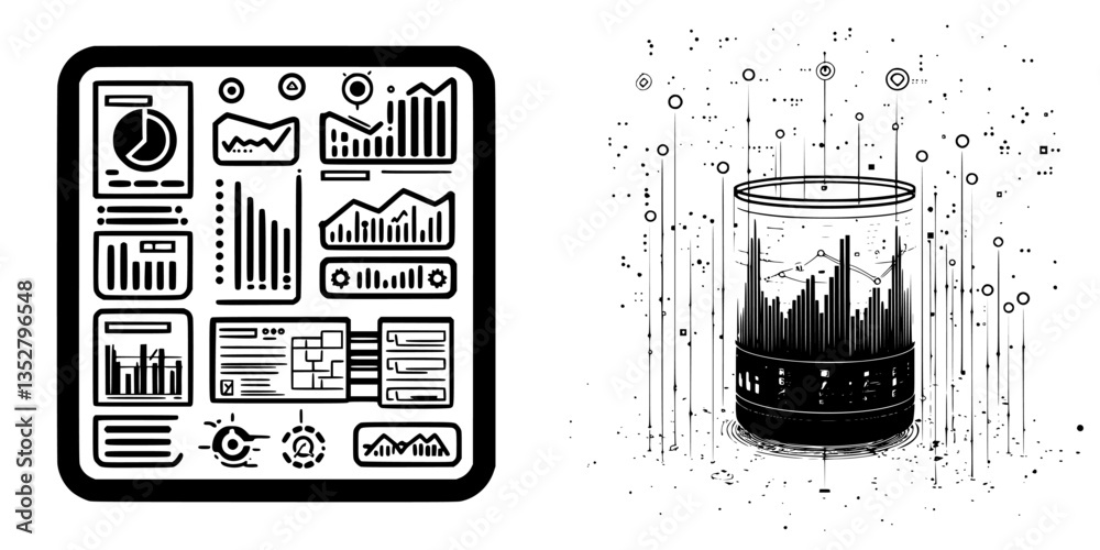 Poster visual representation of data analytics with graphs and innovative design in a modern black and whit