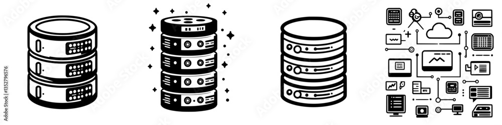 Poster illustrations of data storage units and cloud computing concepts featuring servers, databases, and n