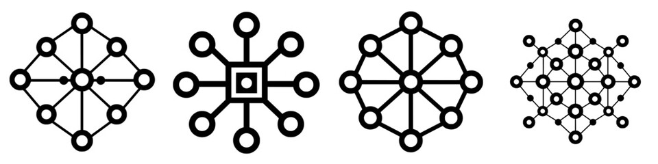 Illustrations of abstract network designs showcasing various interconnected node structures