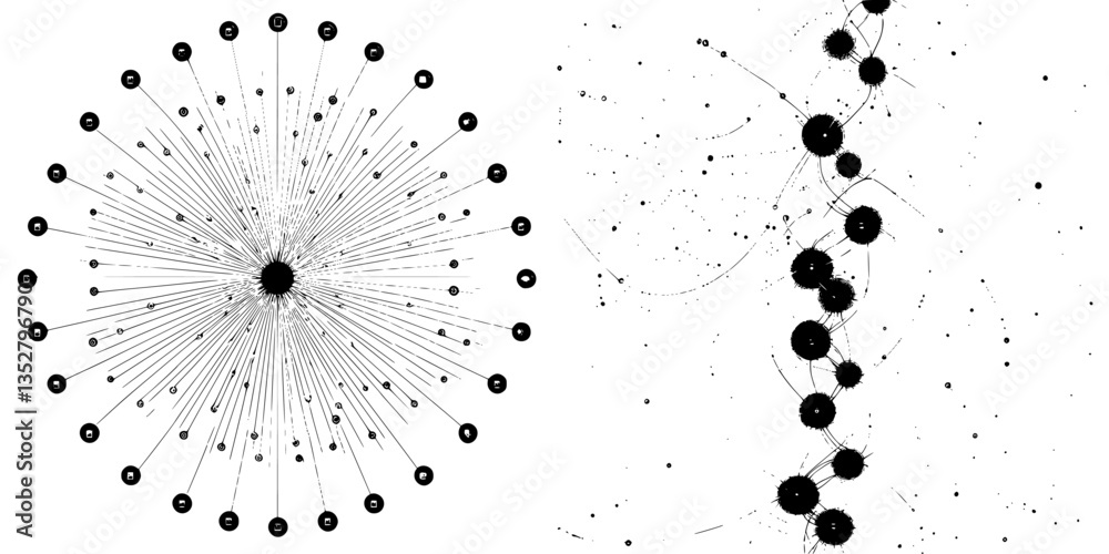 Poster artistic representation of a network structure with radial and linear elements showcasing interconne