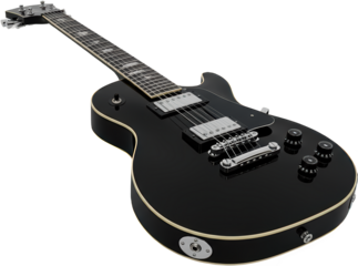 Sleek Black Electric Guitar with Shiny Finish and Chrome Hardware A Close up Studio Shot