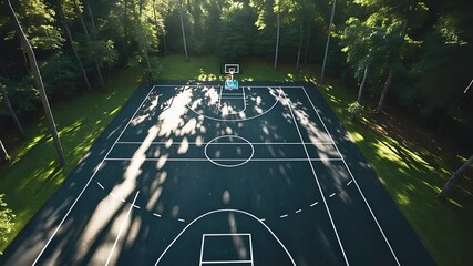 Outdoor basketball court surrounded by forest trees under soft sunlight creating shadows across the playing surface

 - Powered by Adobe