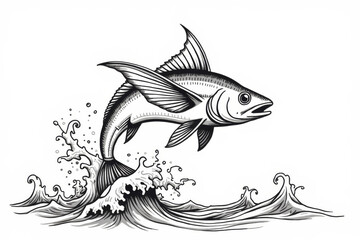 Whimsical ink illustration of a flying fish leaping from ocean waves with exaggerated wings and swirling water, bold fantasy-inspired line art
