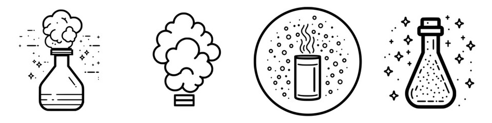 Illustrations of magical potions and smoky effects in a stylized design