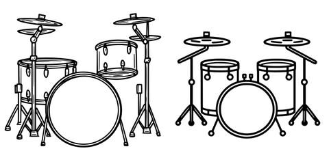 Drumming equipment display with two different drum sets in simple line art style for music enthusiasts