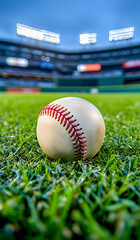 Baseball resting on lush green grass in a floodlit stadium