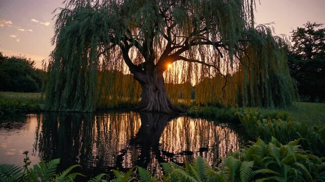 Majestic willow tree reflecting in a serene lake at sunset, tranquil nature scenery