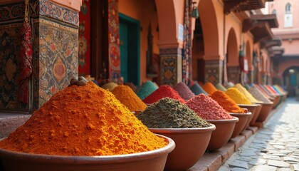 Vibrant Marrakesh bazaar with colorful spices, aromatic herbs. Bowls with powder spices at marketplace, traditional Arabian market. Morocco souk. Exotic travel destination.