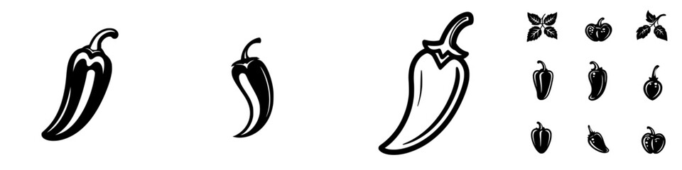 Various stylized illustrations of chili peppers in black and white showcasing different shapes and sizes for culinary design